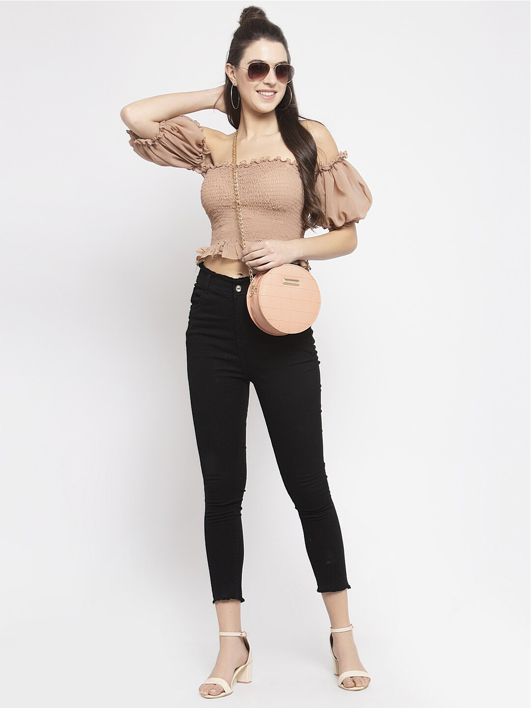 

EMBLAZE Women Flutter Sleeve Crop Top, Nude