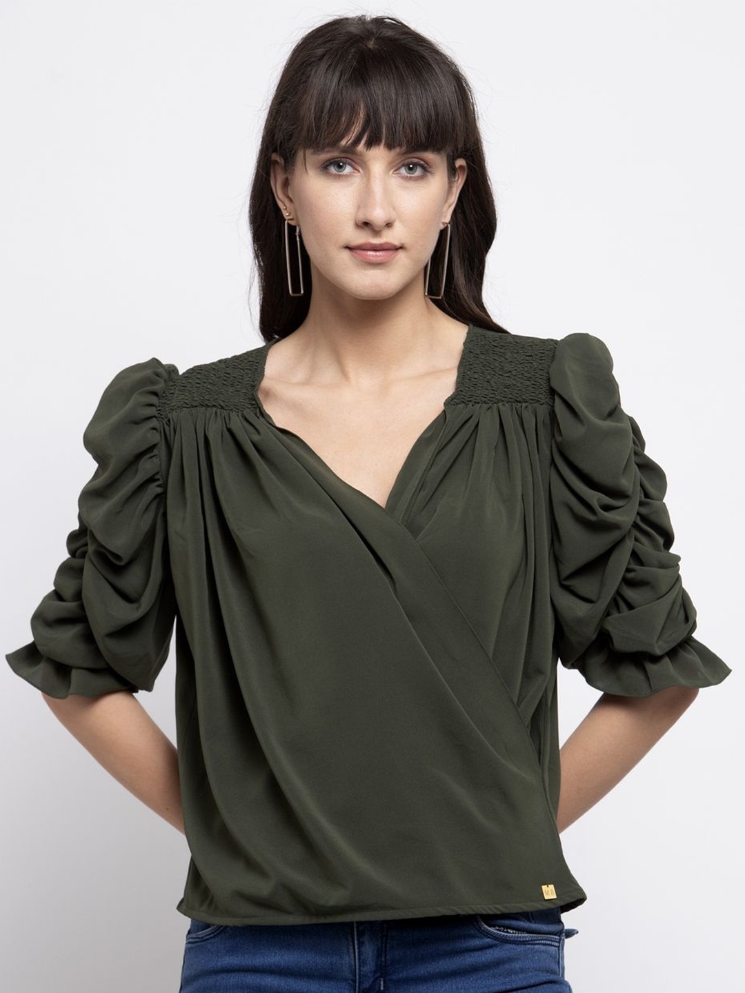 

EMBLAZE Women Solid Puff Sleeve Wrap Top, Olive