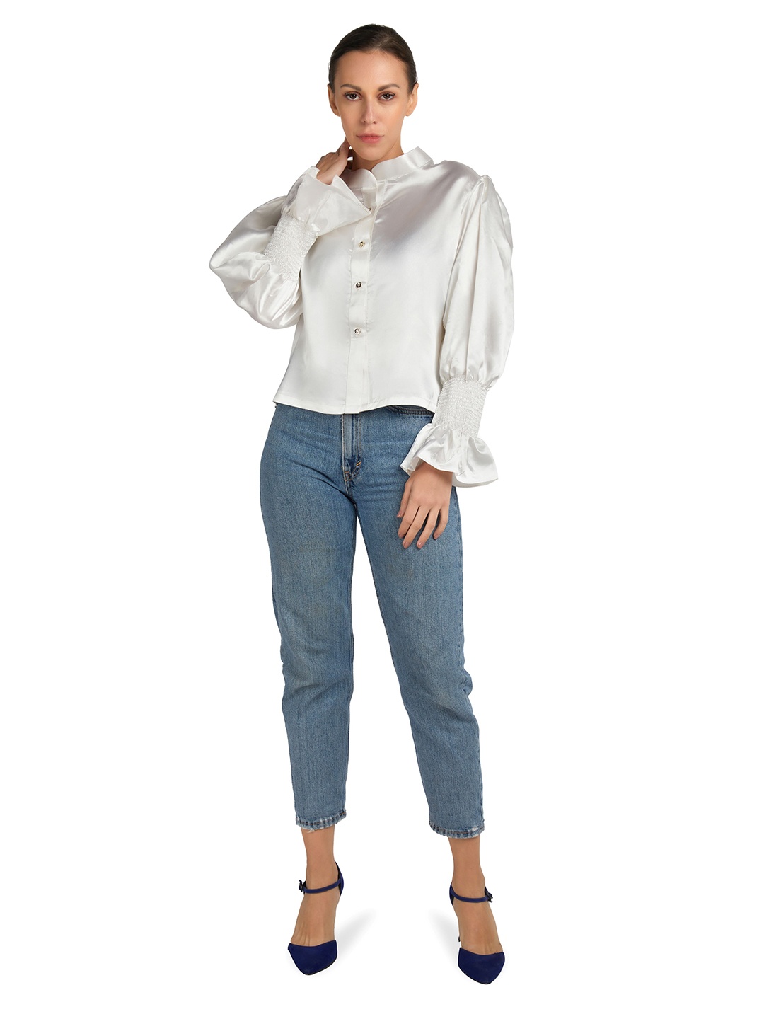 

EMBLAZE Women Solid Bell Sleeve Satin Shirt Style Top, White