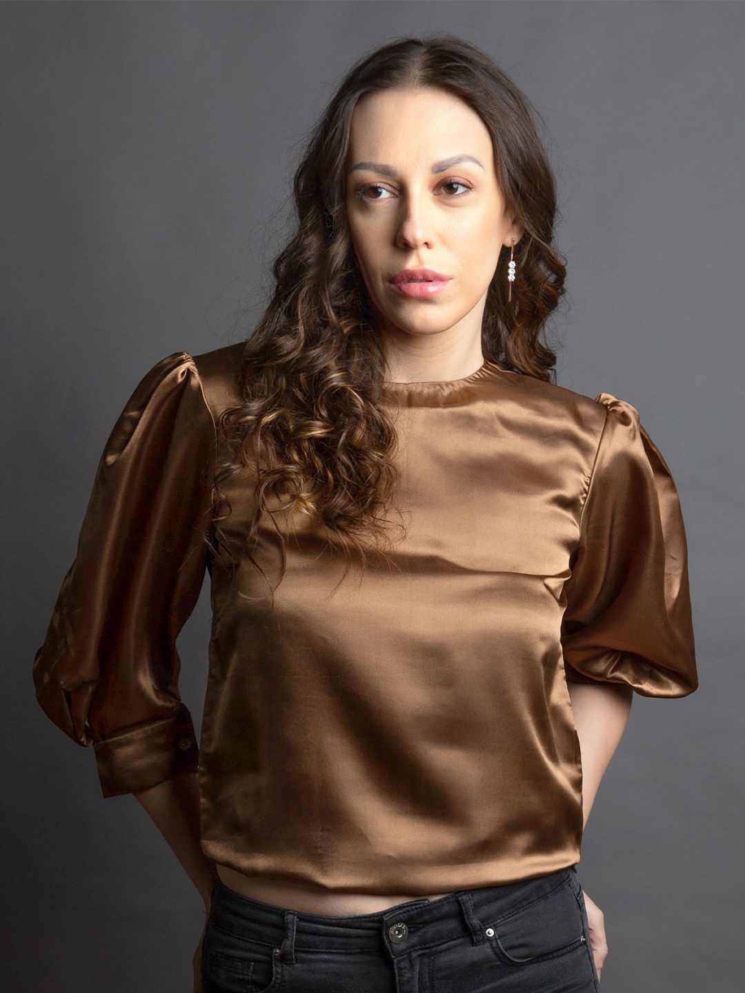 

EMBLAZE Women Solid Satin Top, Brown