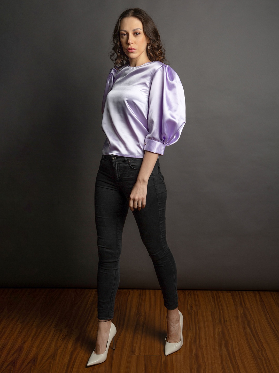 

EMBLAZE Puff Sleeve Satin Top, Purple
