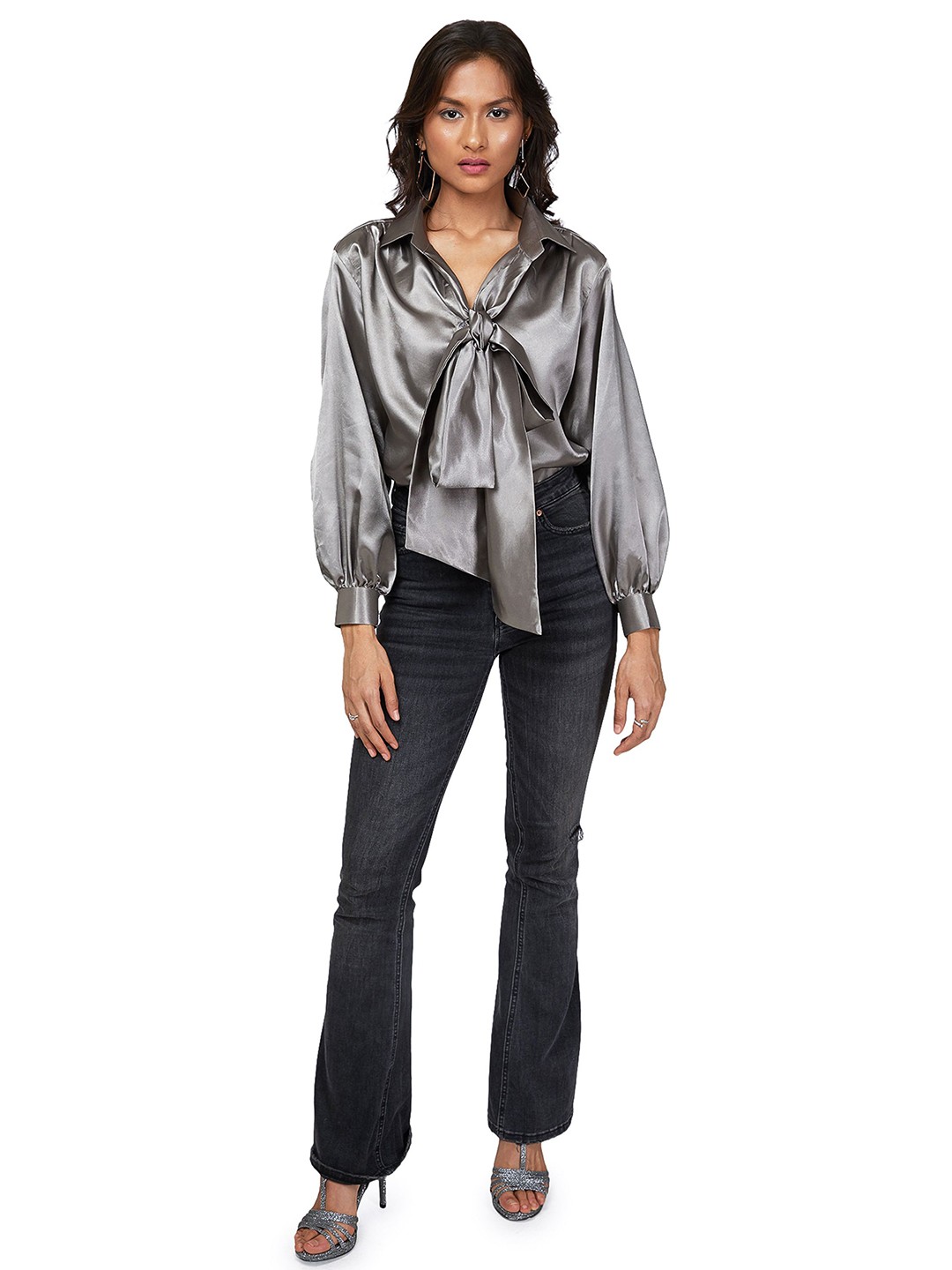 

EMBLAZE Tie-Up Neck Bishop Sleeves Satin Top, Silver