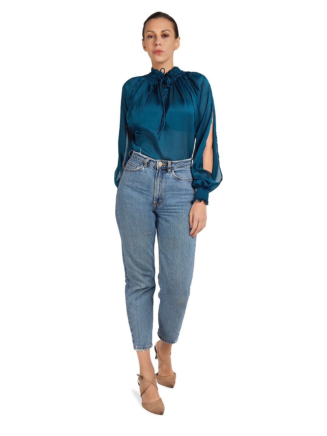 

EMBLAZE Women Solid Slit Sleeve Satin Top, Teal