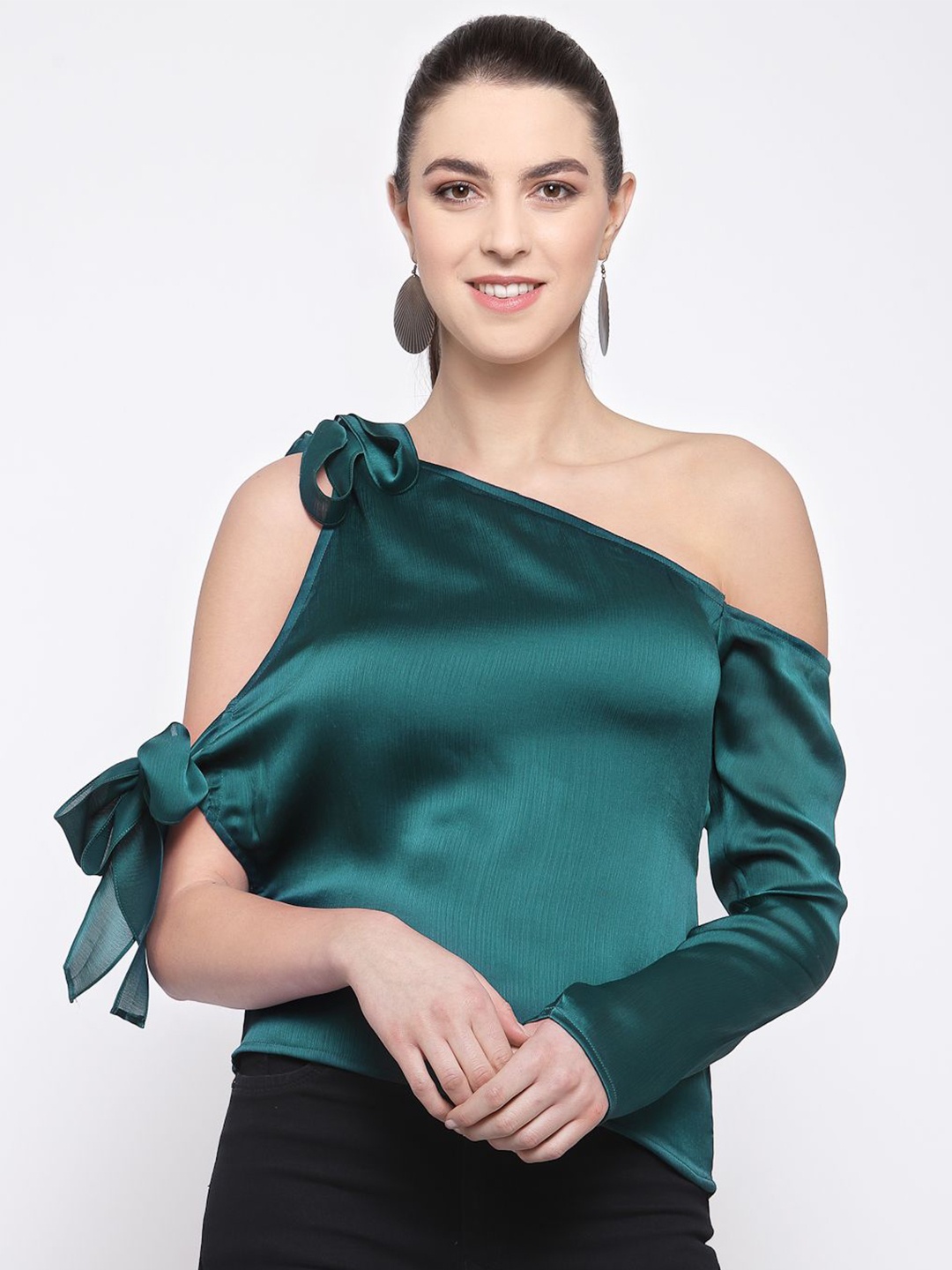 

EMBLAZE Women Solid One Shoulder Cold-Shoulder Satin Top, Teal