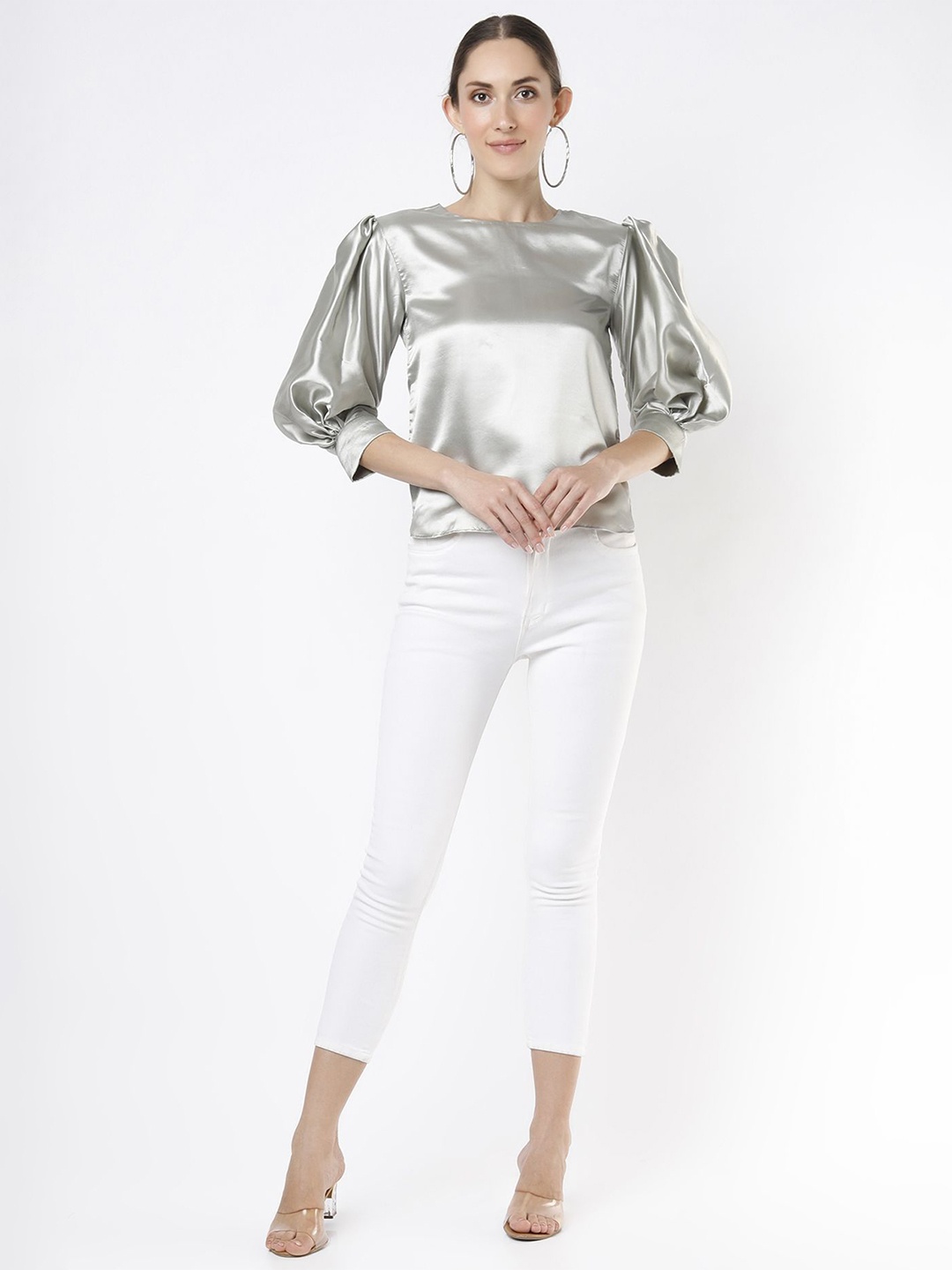 

EMBLAZE Satin Solid Round Neck Sheen Top, Silver