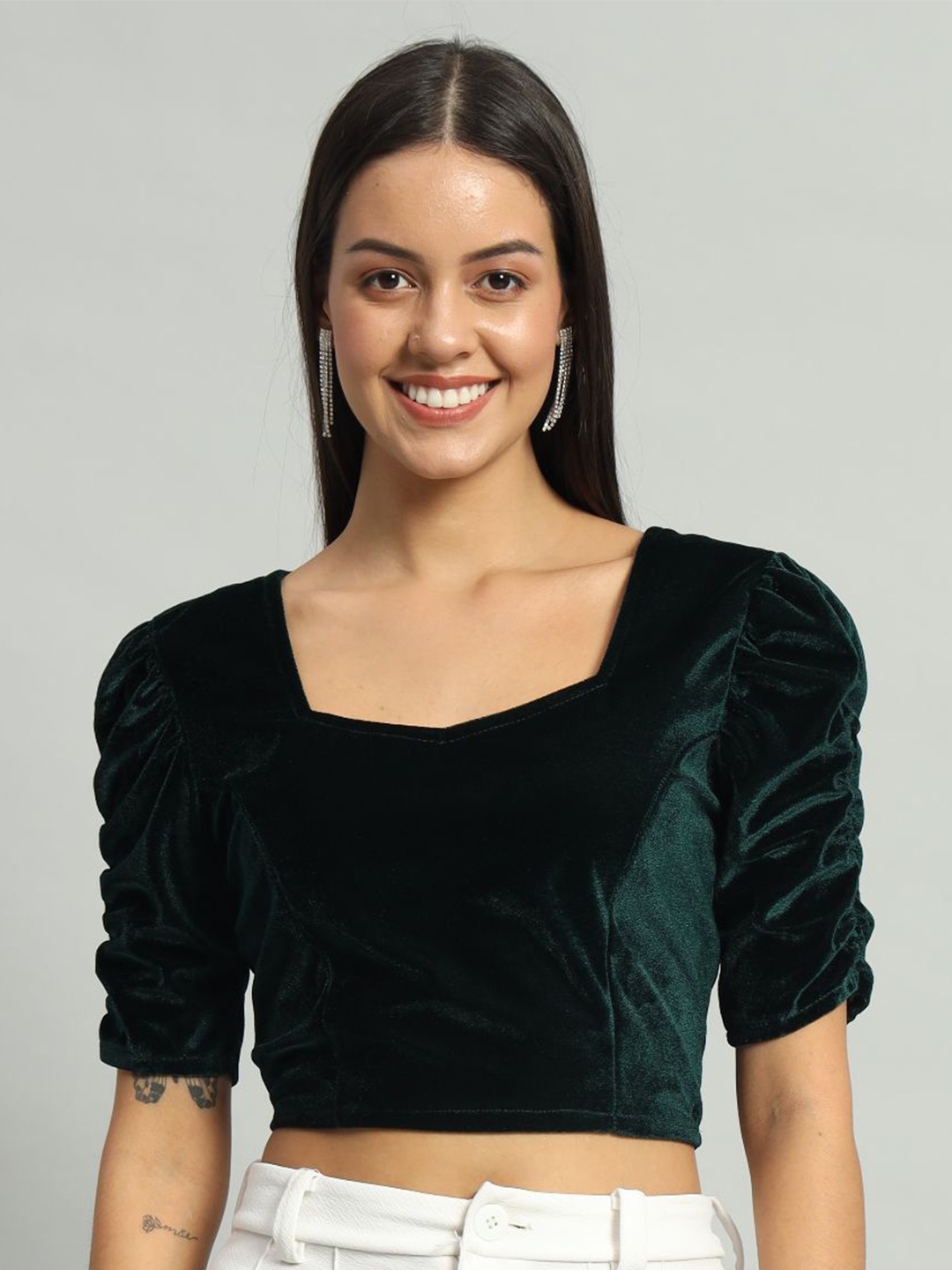 

VAARARO Velvet Solid Blouson Party Crop Top, Green