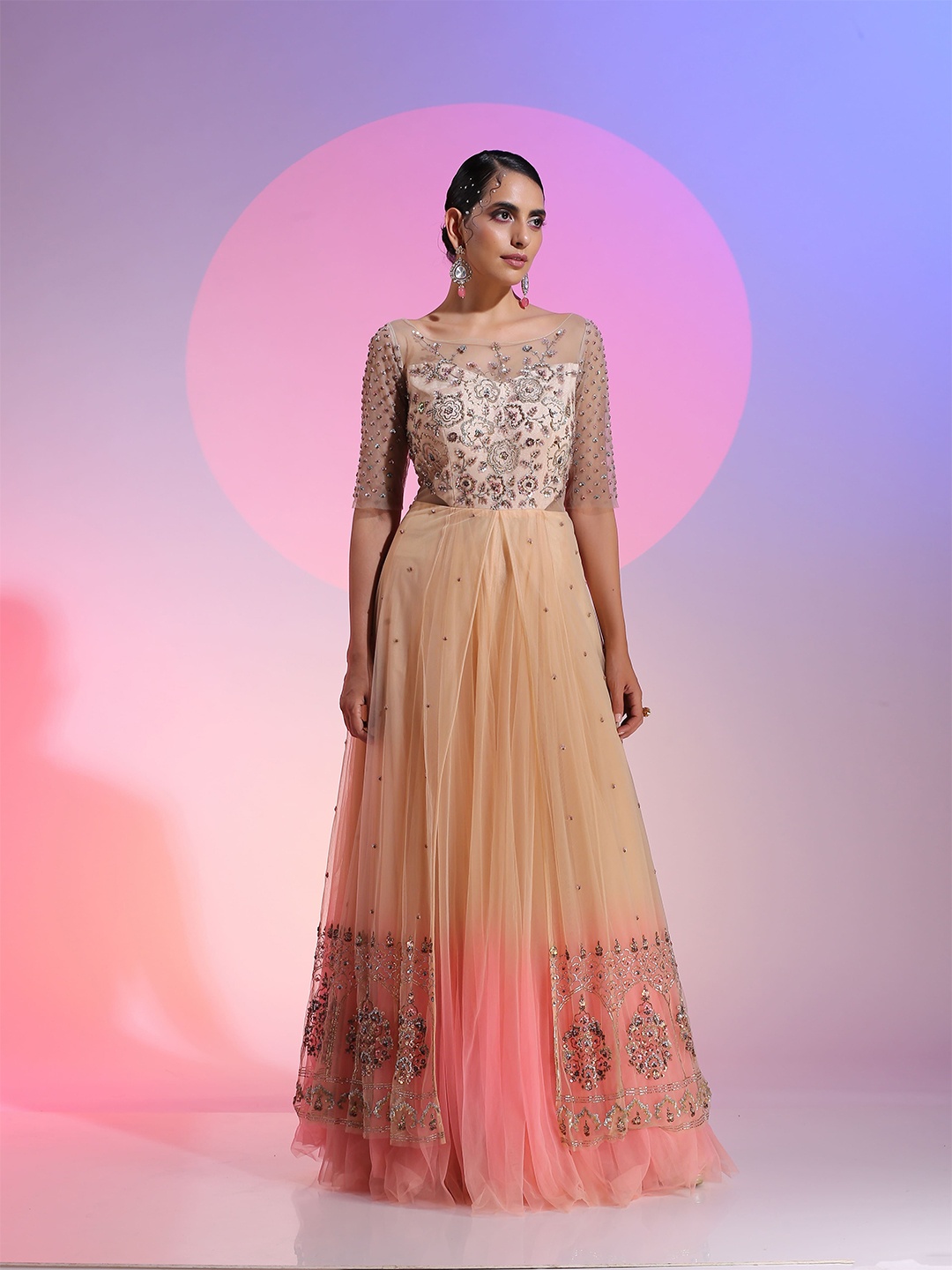 

KUDI PATAKA Women Embellished Net Fit & Flare Maxi Dress, Peach