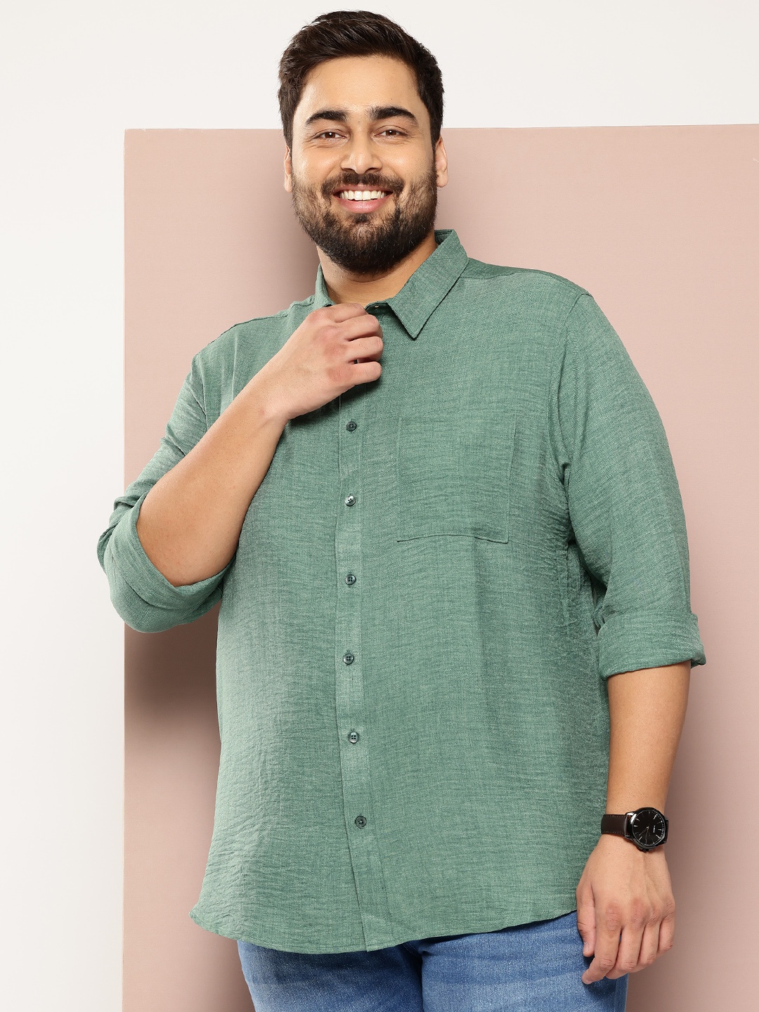 

Sztori Men Plus Size Solid Self Design Casual Shirt, Green