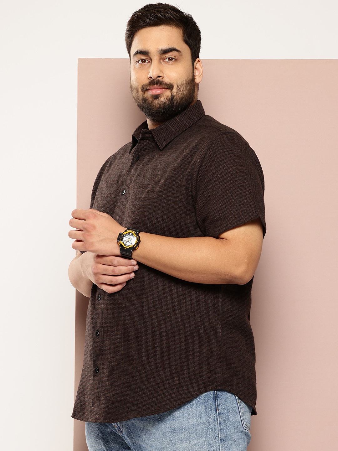 

Sztori Men Plus Size Textured Pure Cotton Casual Shirt, Brown
