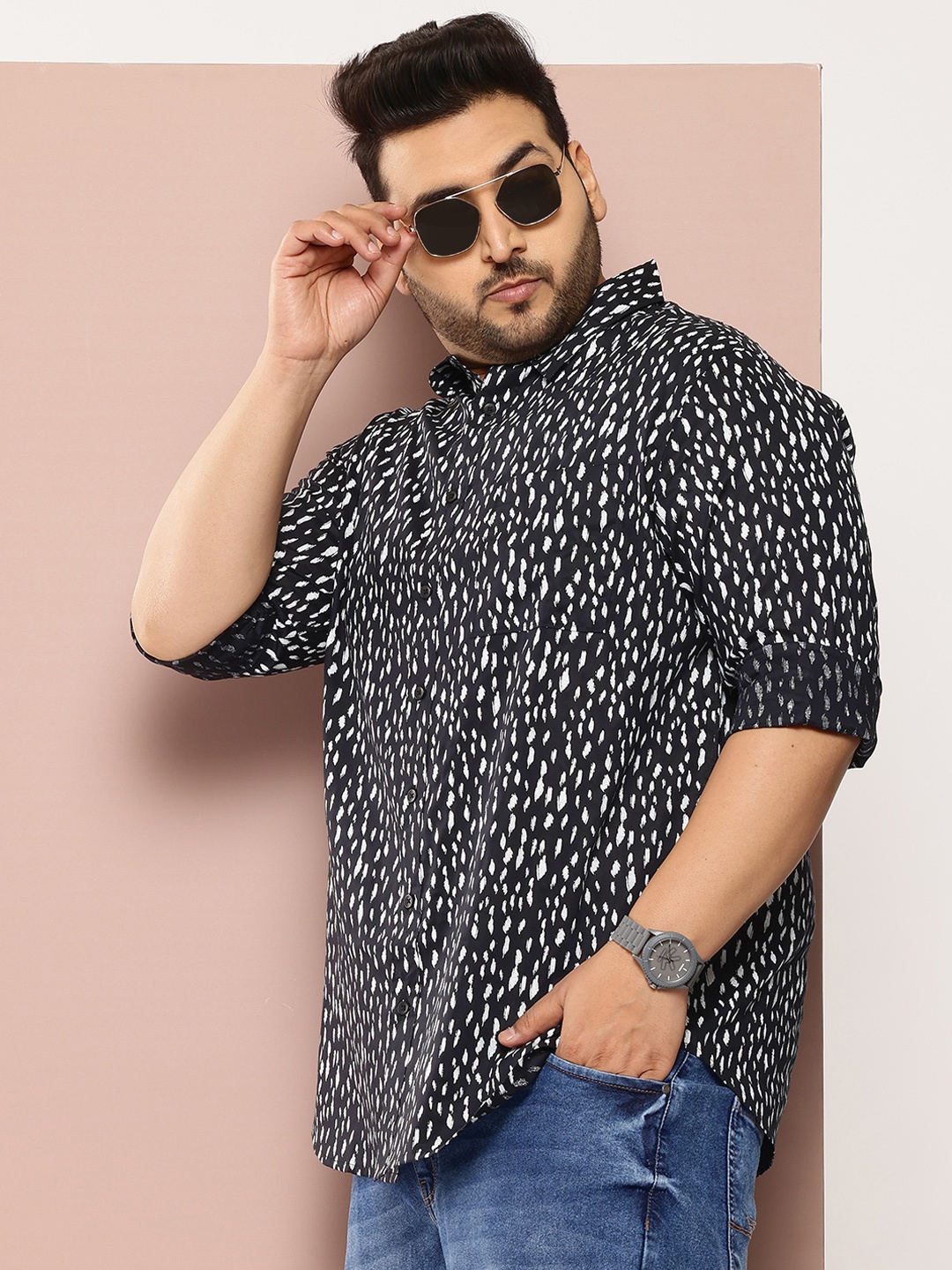 

Sztori Men Plus Size Classic Printed Casual Shirt, Black