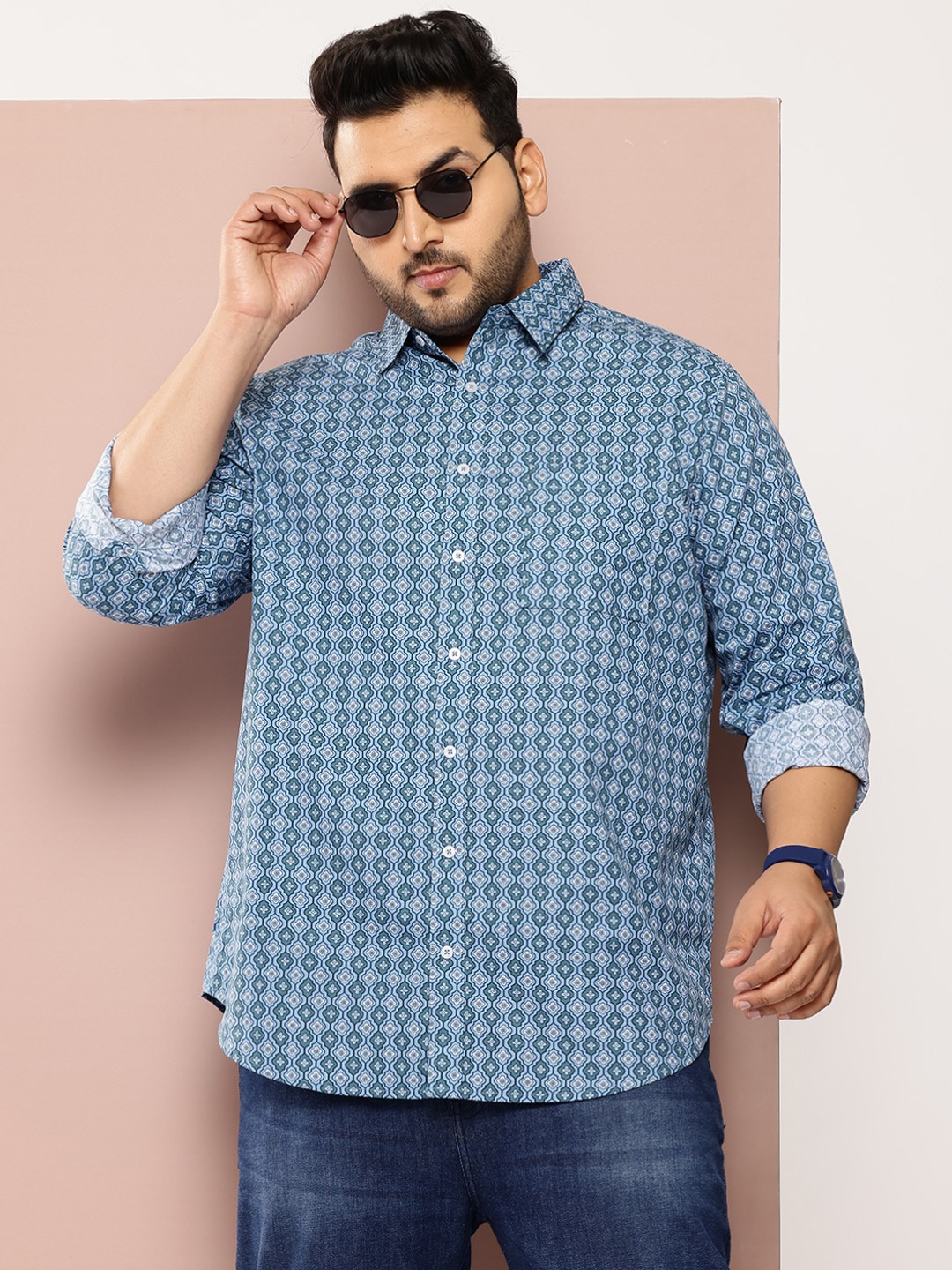 

Sztori Men Plus Size Classic Printed Pure Cotton Casual Shirt, Blue