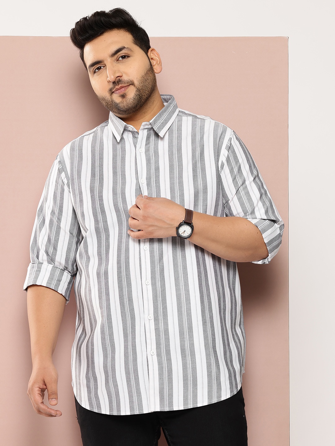 

Sztori Men Plus Size Classic Striped Pure Cotton Casual Shirt, Grey