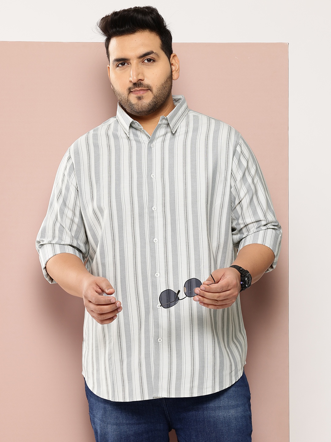 

Sztori Men Plus Size Classic Striped Pure Cotton Casual Shirt, Grey