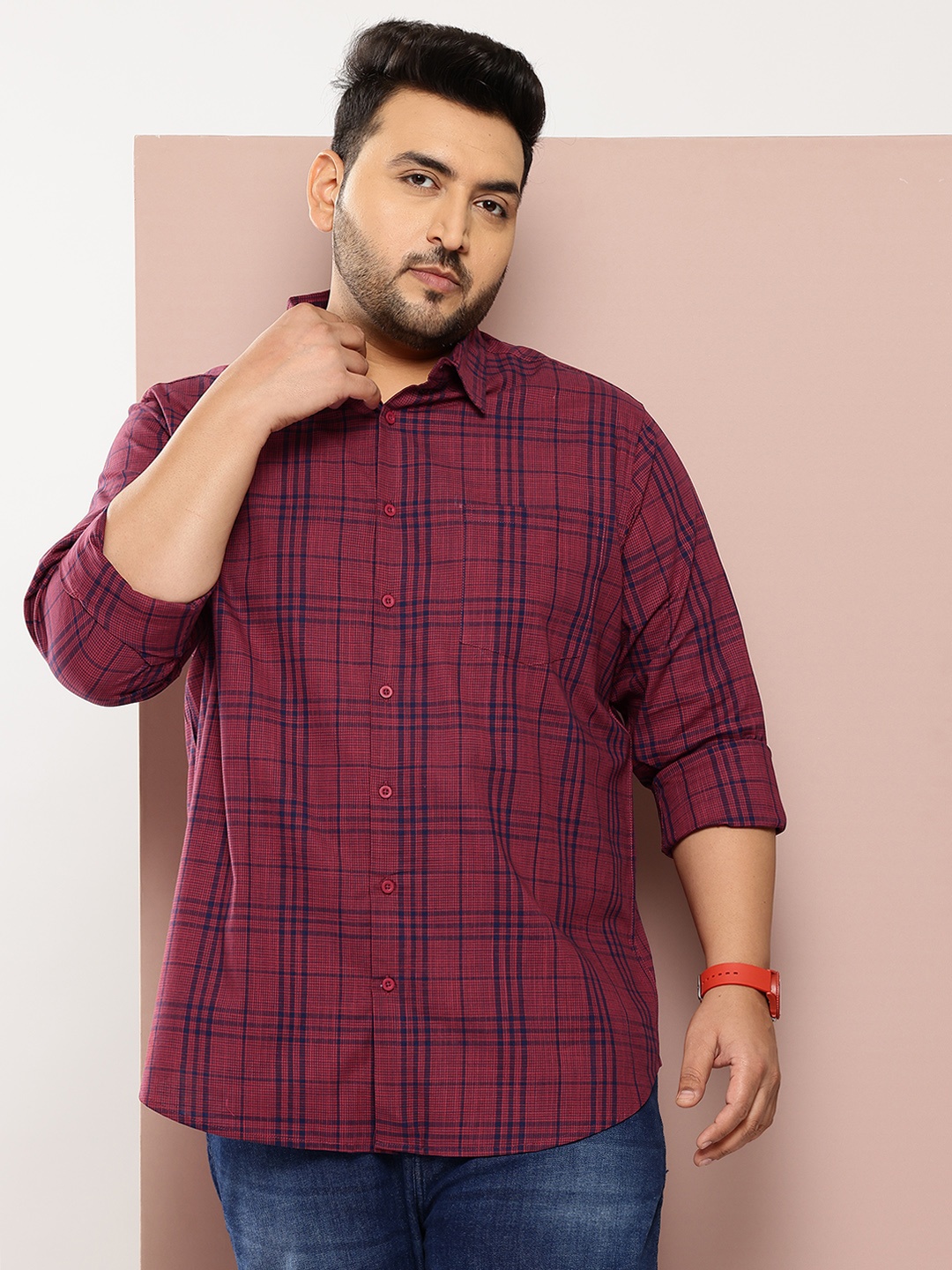 

Sztori Men Plus Size Classic Checked Pure Cotton Casual Shirt, Maroon