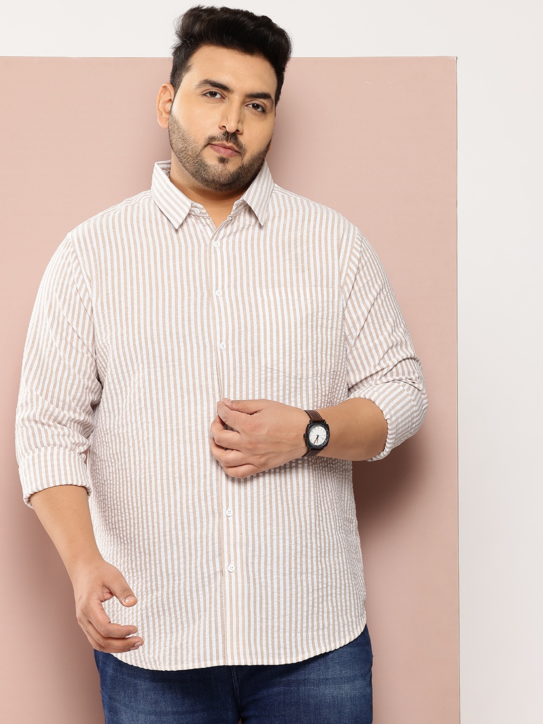 

Sztori Men Plus Size Classic Striped Pure Cotton Casual Shirt, Beige