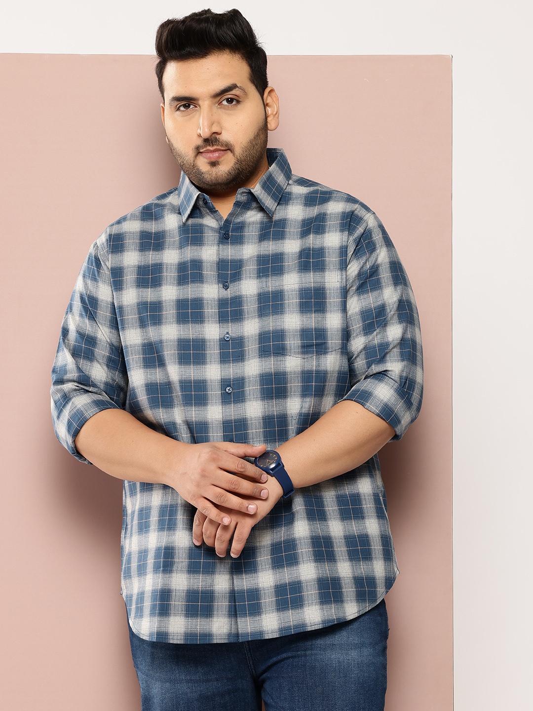 

Sztori Men Plus Size Classic Checked Pure Cotton Casual Shirt, Navy blue