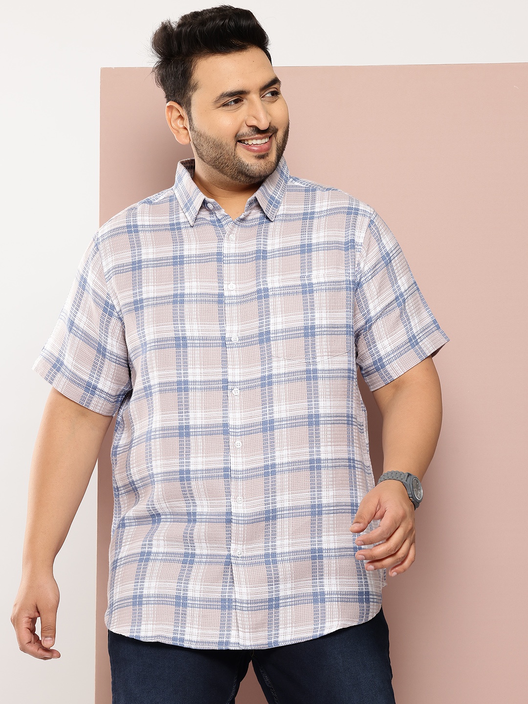 

Sztori Men Plus Size Classic Checked Pure Cotton Casual Shirt, Beige