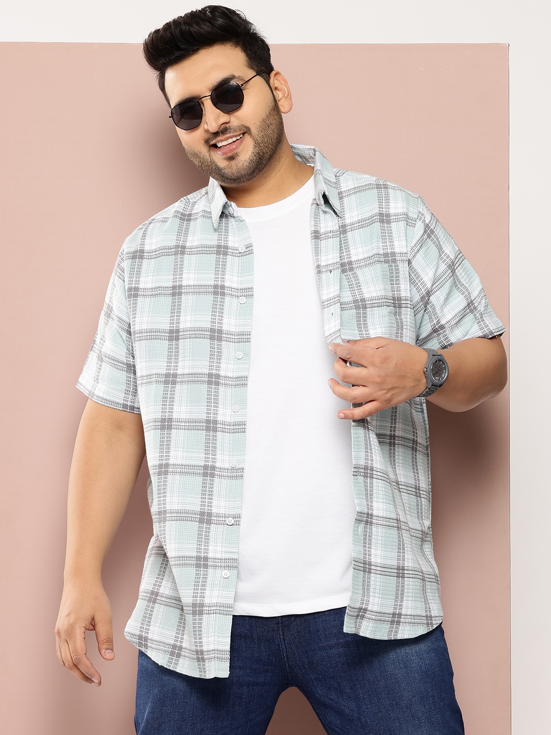 

Sztori Men Classic Plus Size Checked Pure Cotton Casual Shirt, Sea green