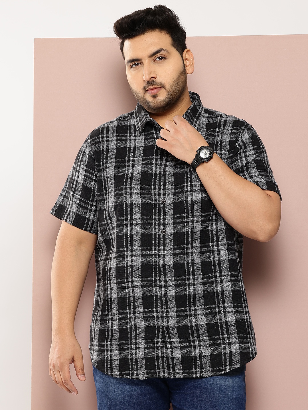 

Sztori Men Plus Size Classic Checked Pure Cotton Casual Shirt, Black