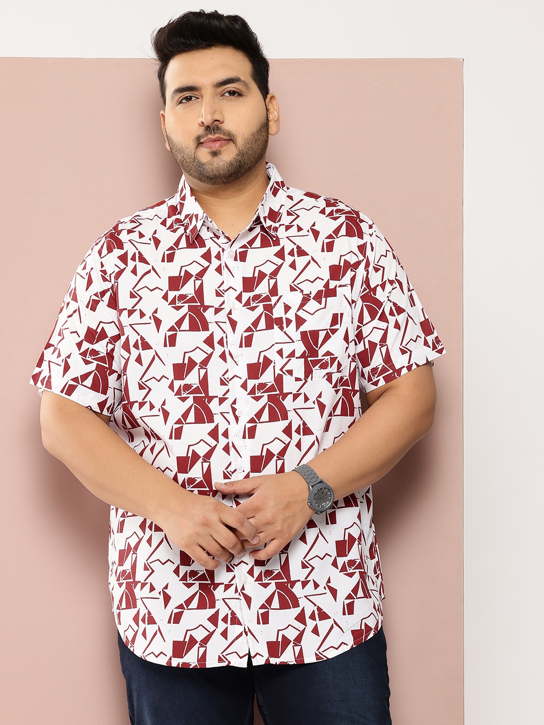 

Sztori Men Plus Size Classic Printed Casual Shirt, Off white