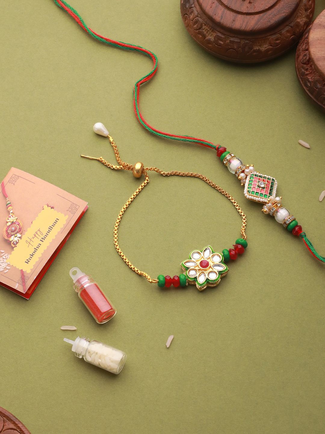 

Saraf RS Jewellery Set Of 2 Kundan & Meenakari With Roli Tilak & Greeting Card, Gold