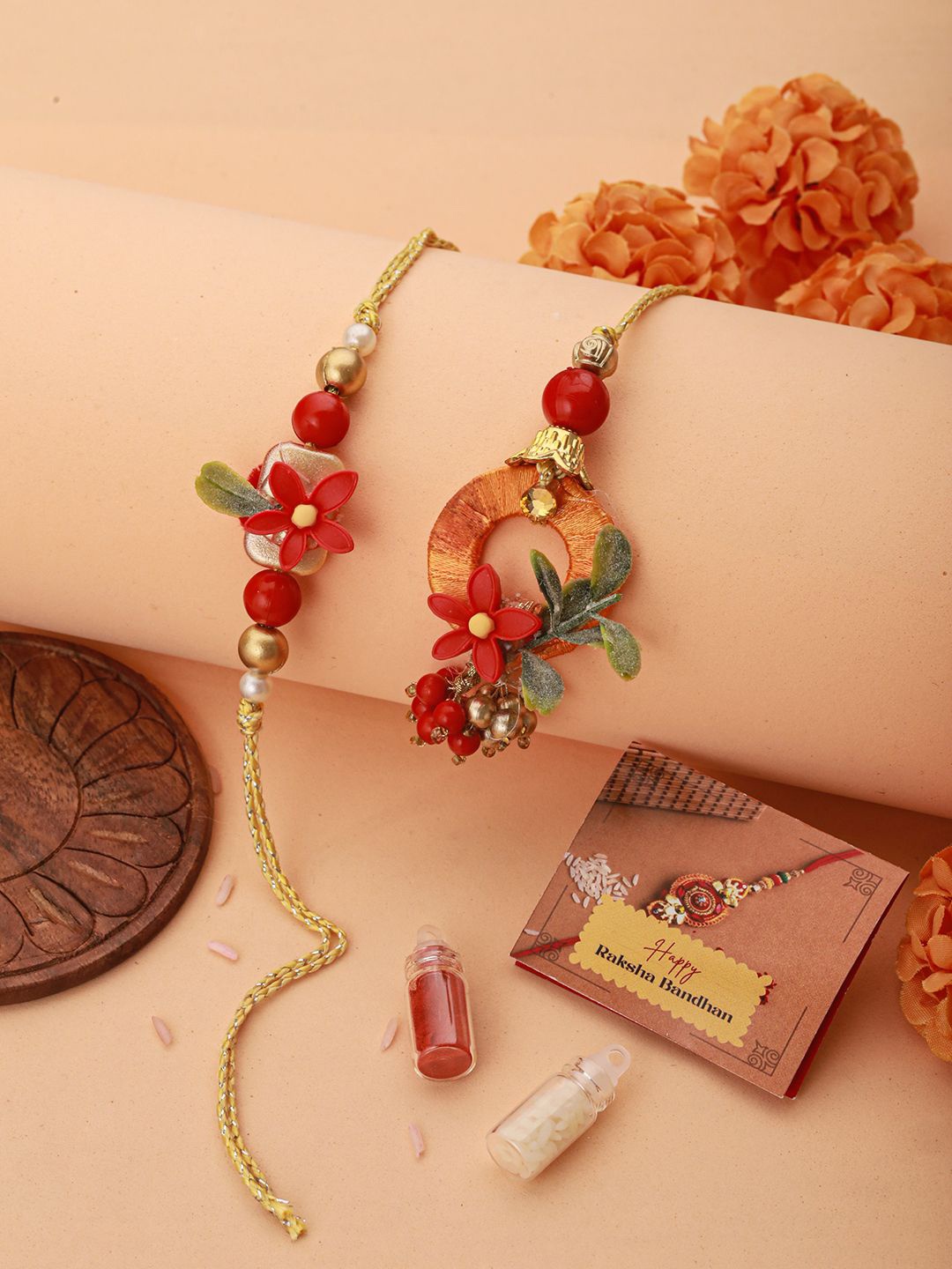 

Saraf RS Jewellery Set Of 2 Beaded Lumba Rakhis with Roli Chawal & Greeting Card, Red