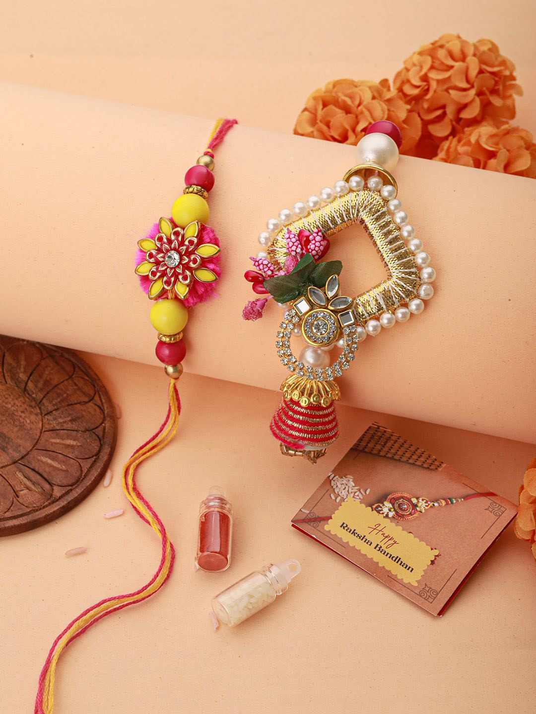 

Saraf RS Jewellery Set Of 2 Studded & Beaded Rakhis with Roli Chawal & Greeting Card, Gold