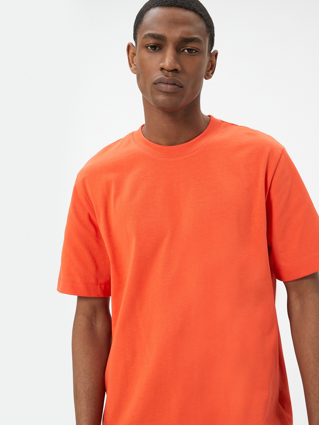 

Koton Men Round Neck Solid Pure Cotton Drop Shoulder Sleeves Longline T-shirt, Orange