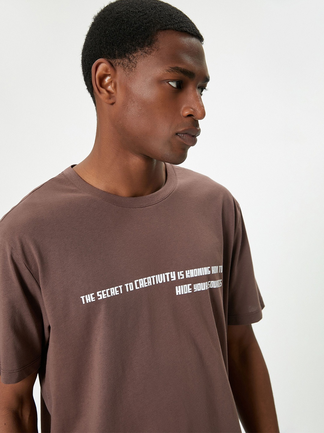 Koton Men Typography Printed Oversized Round Neck T-shirt, Brown