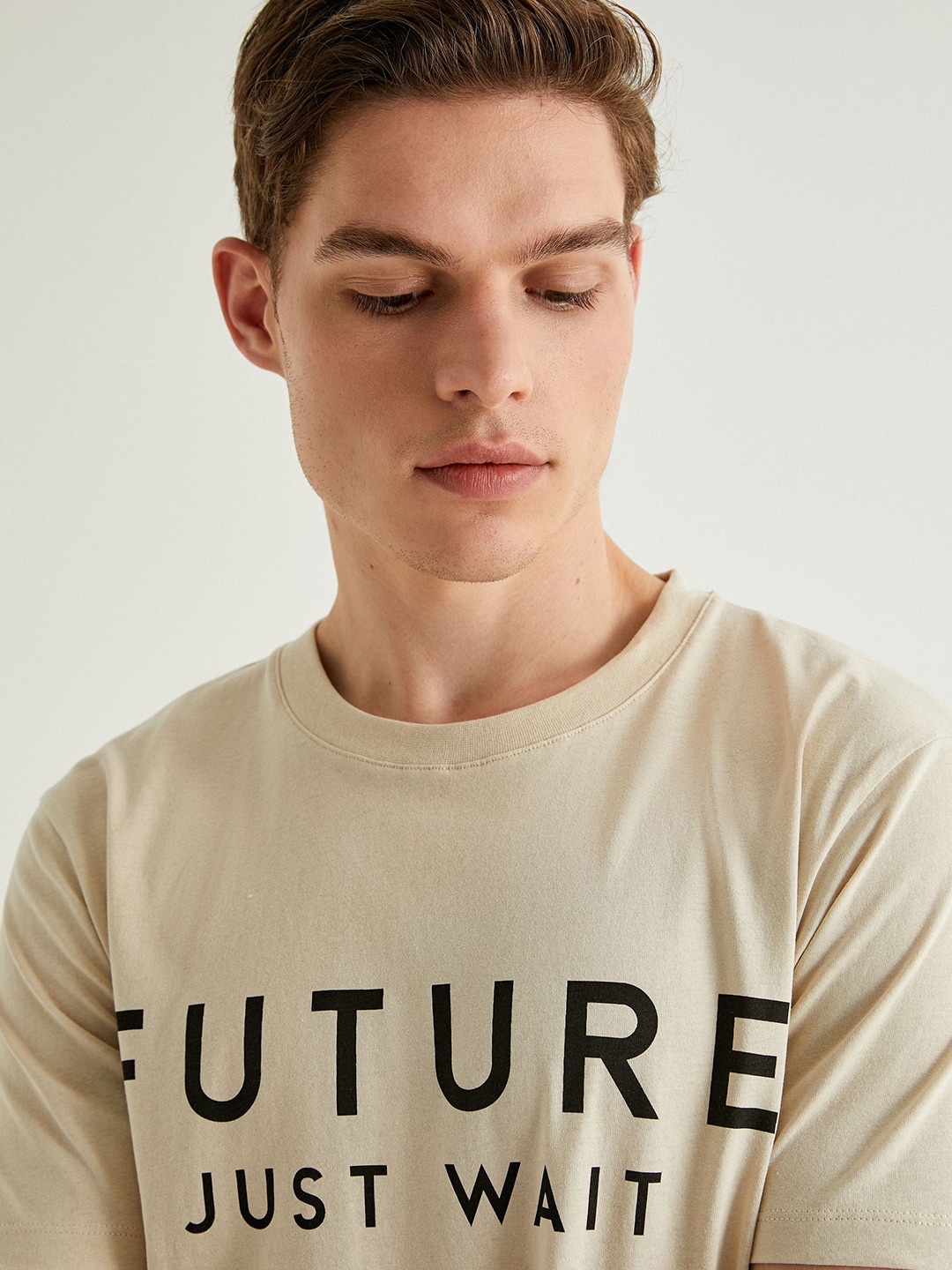

Koton Men Typography Printed Round Neck Pure Cotton T-shirt, Beige