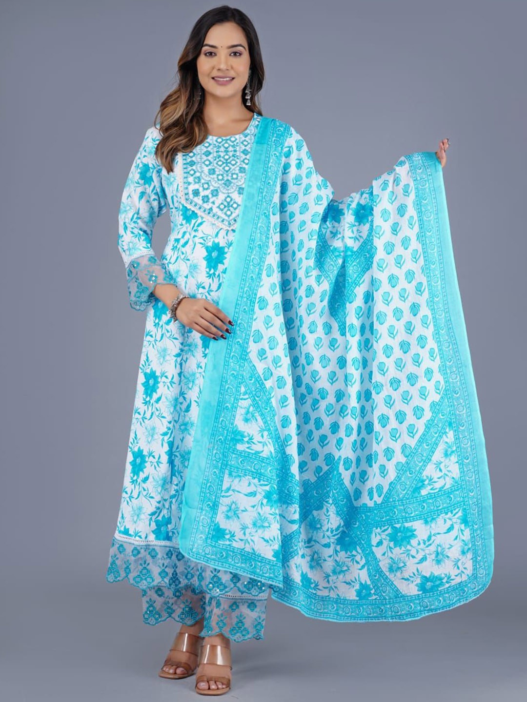 

SHOOLIN Floral Embroidered Regular Mirror Work Pure Cotton Kurta with Trousers & Dupatta, Turquoise blue
