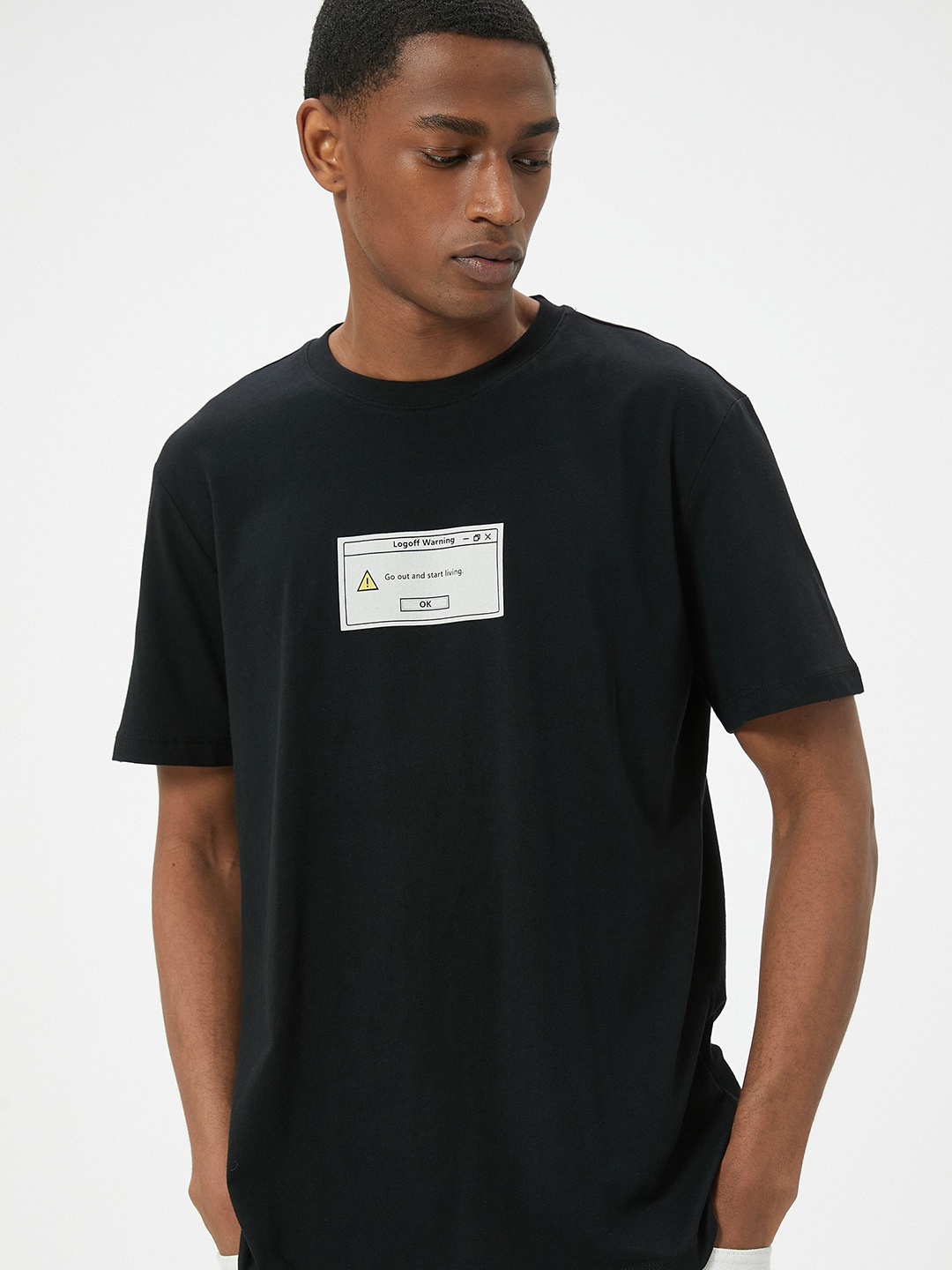 Koton Men Round Neck Typography Printed Pure Cotton Drop Shoulder Sleeves Longline T-shirt, Black