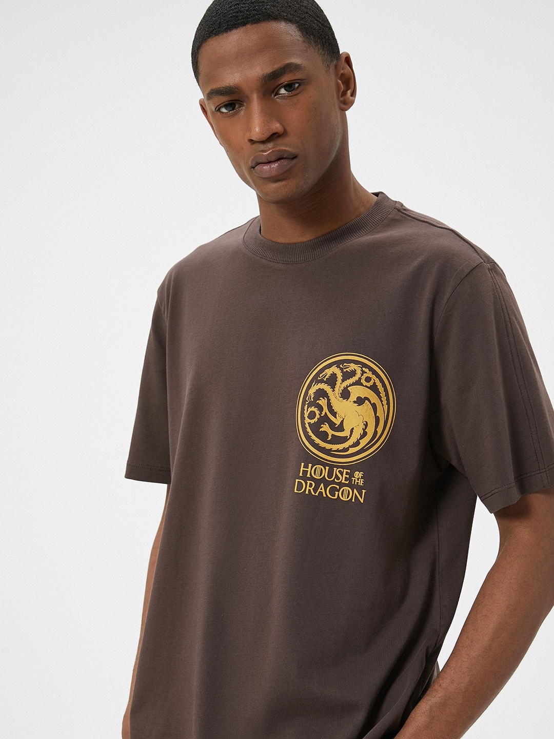 Koton Men Graphic Printed Round Neck T-shirt, Brown