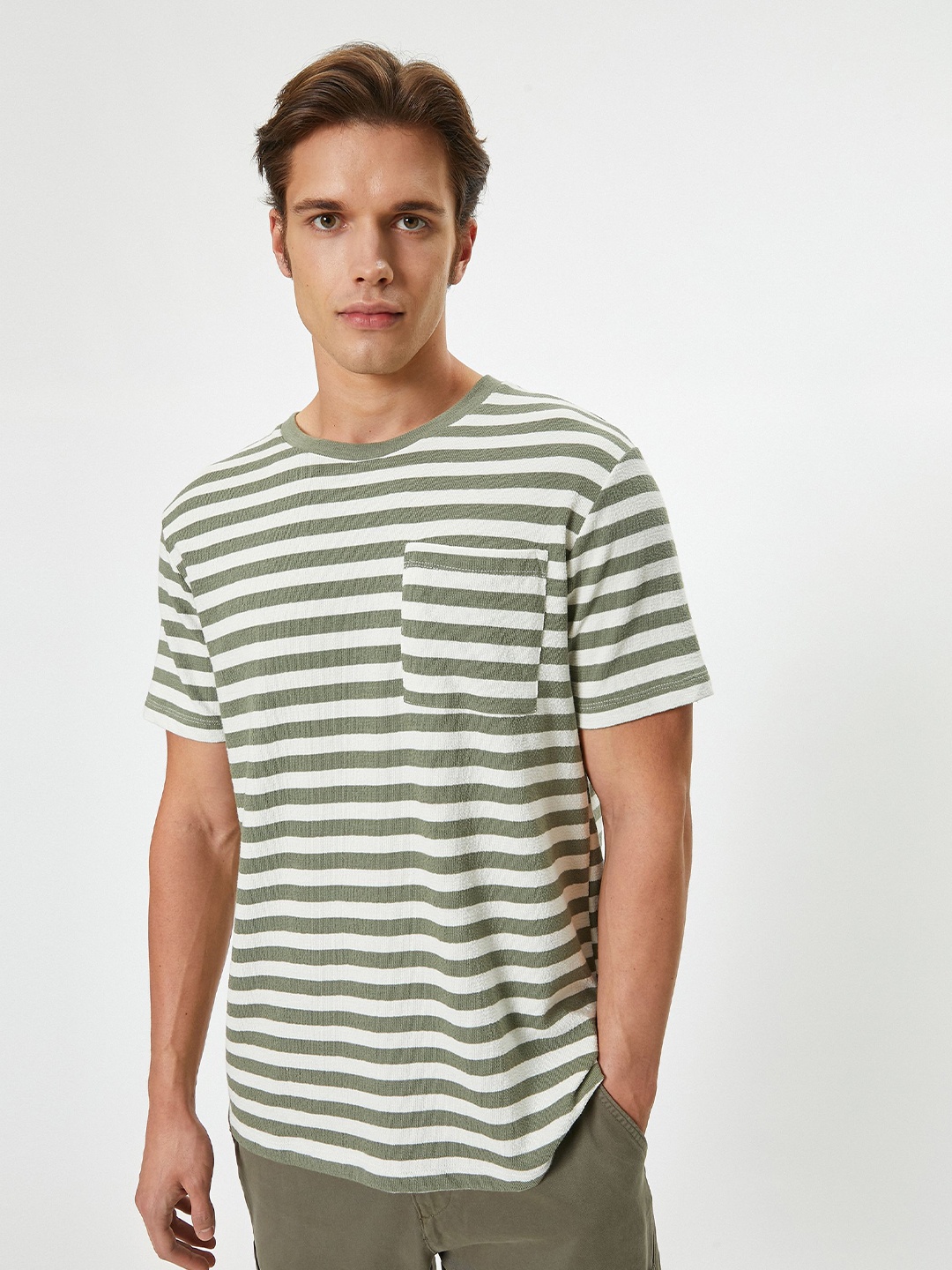 

Koton Men Striped Pockets Round Neck T-shirt, Green