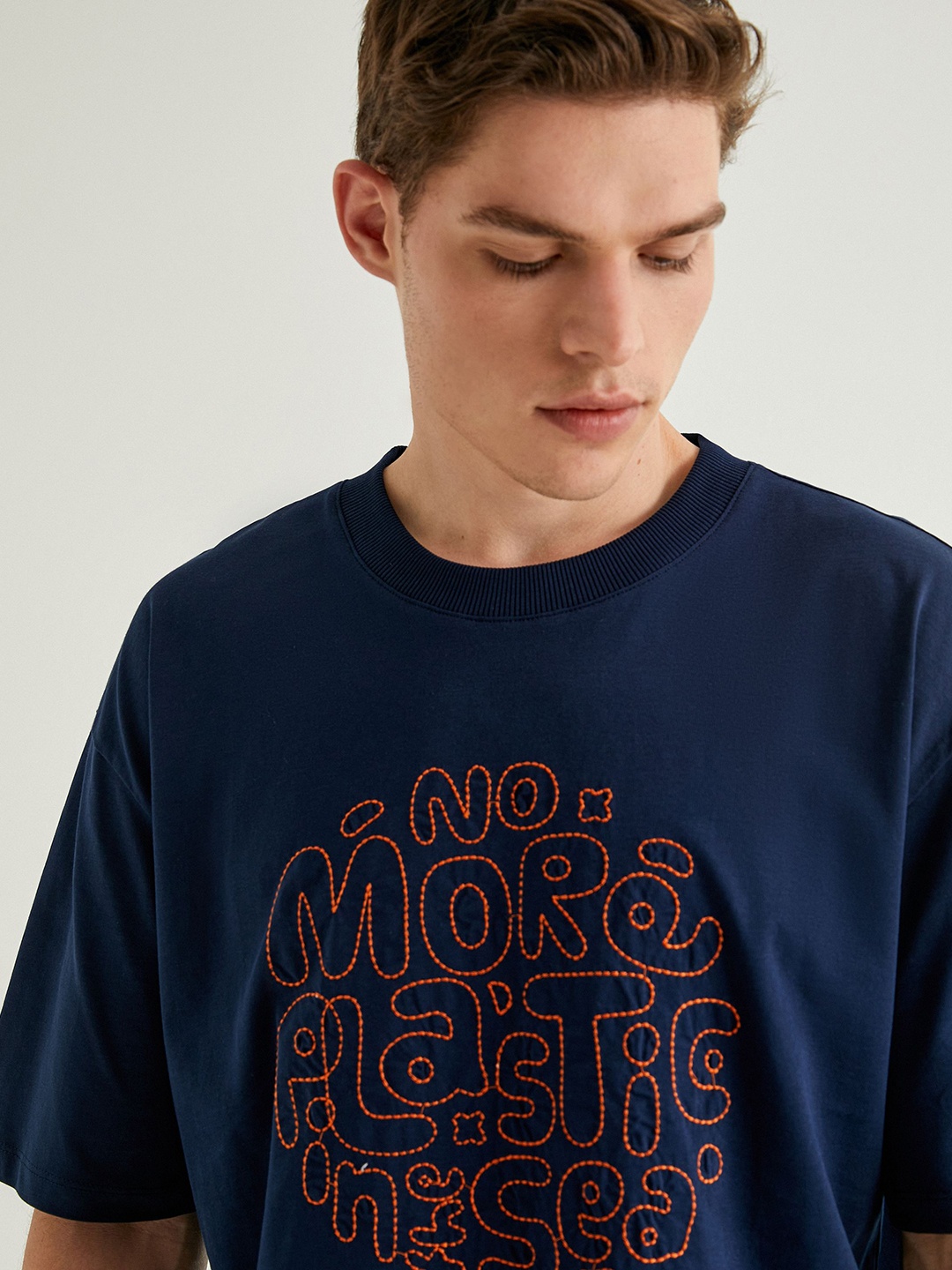 Koton Men Typography Printed Raw Edge T-shirt, Navy blue