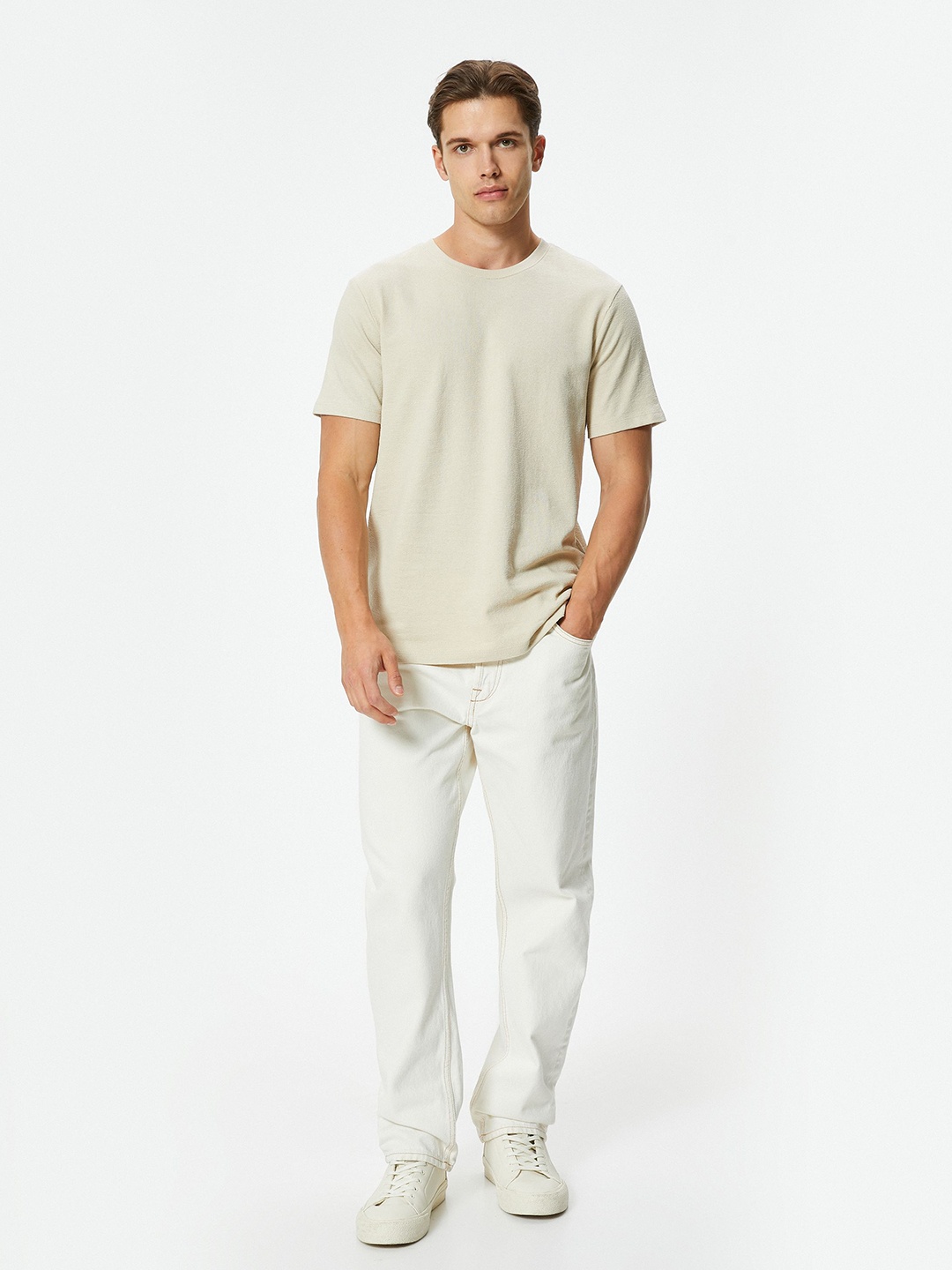 

Koton Men Solid Round Neck T-shirt, Beige