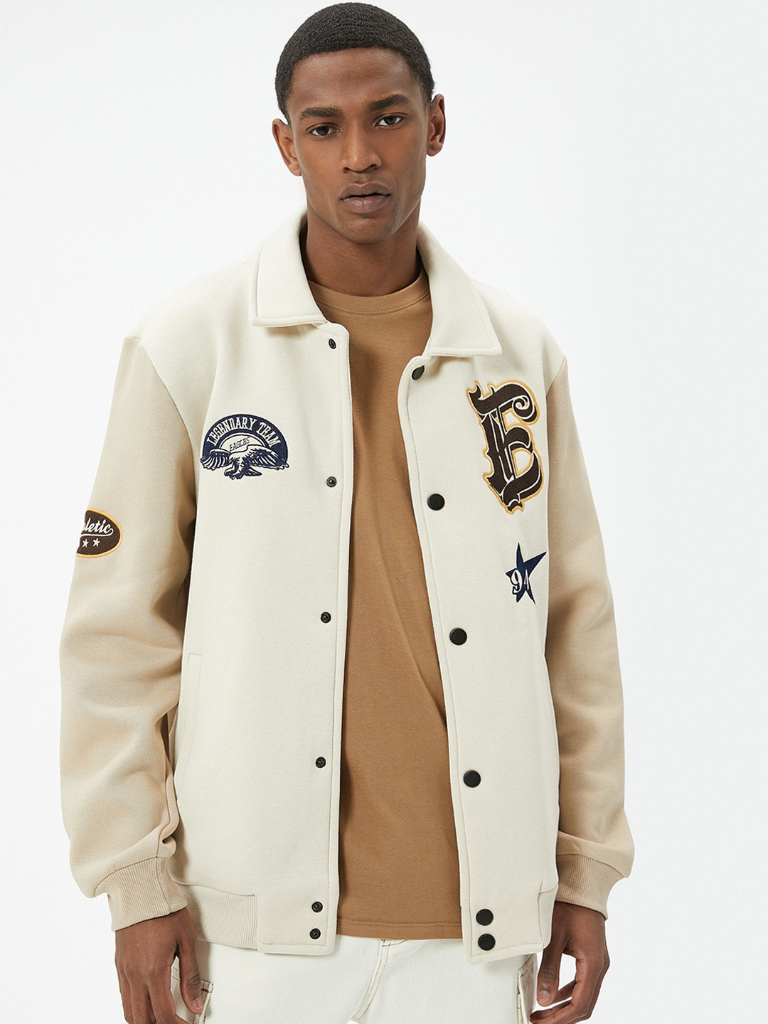 

Koton Men Denim Jacket with Patchwork, Beige