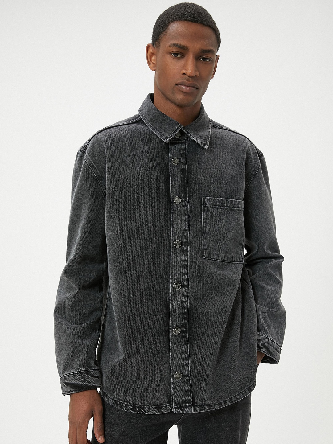 

Koton Men Denim Jacket with Patchwork, Black