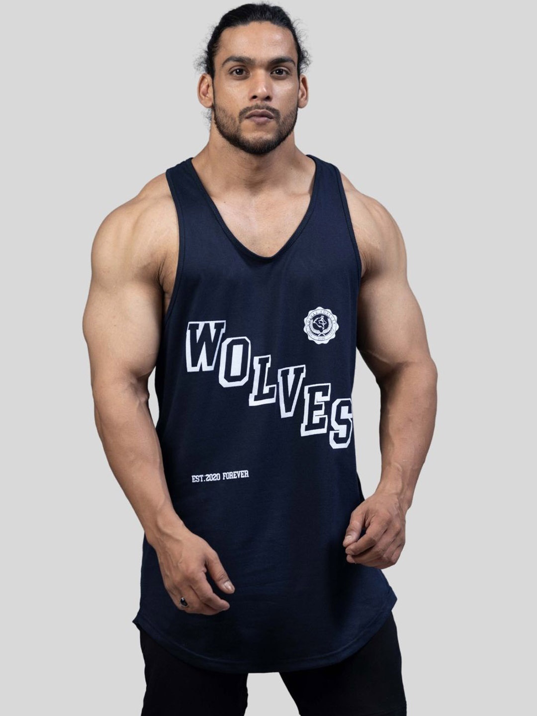 

Muscle Wolves Printed Cotton Innerwear Gym Vests MW282, Navy blue