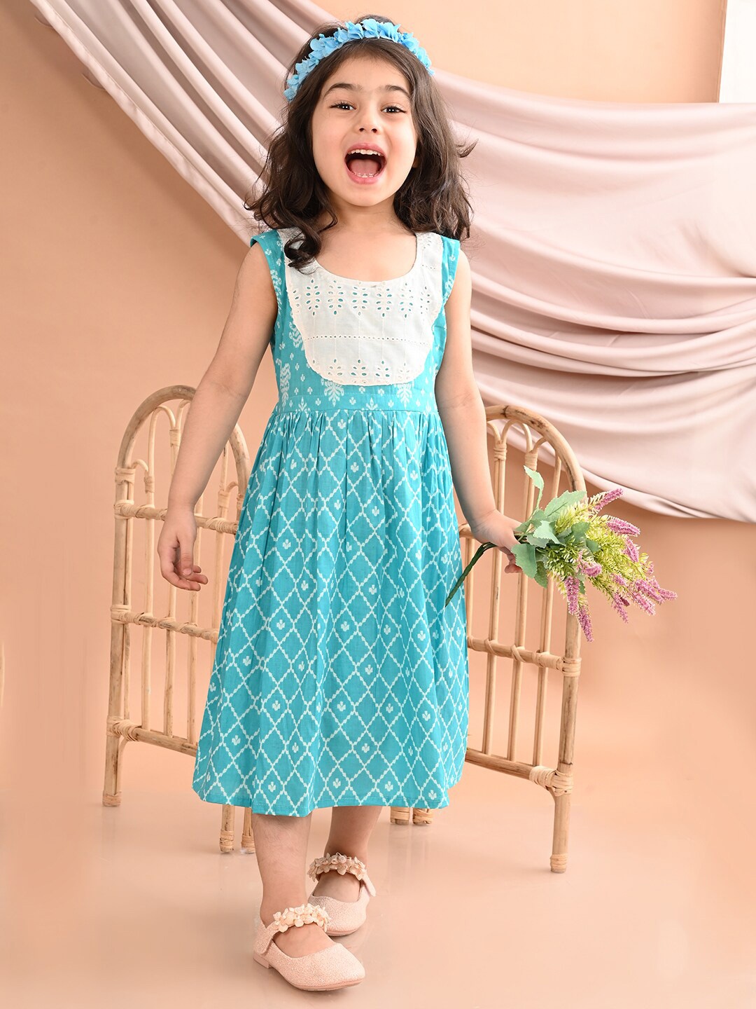 

Sangria Girls Printed Cotton A-Line Dress, Blue
