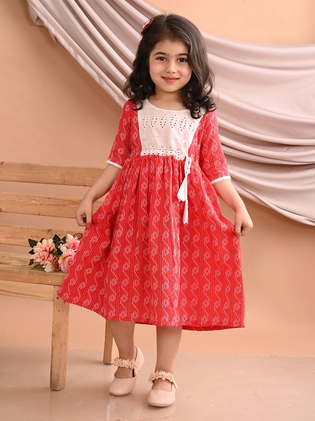 

Sangria Girls Printed Schiffli Cotton A-Line Dress, Red