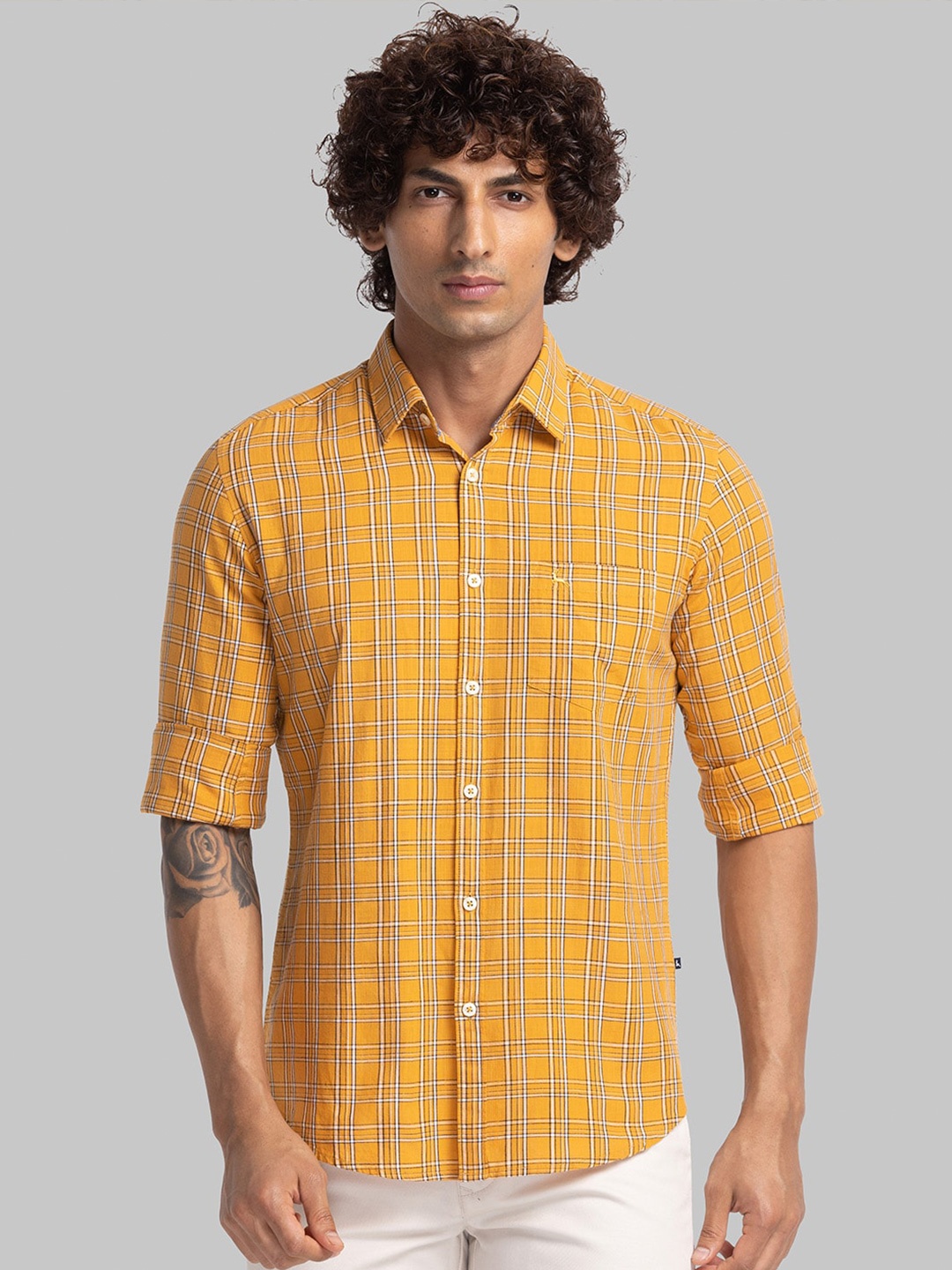 

Parx Men Slim Fit Opaque Checked Casual Shirt, Yellow