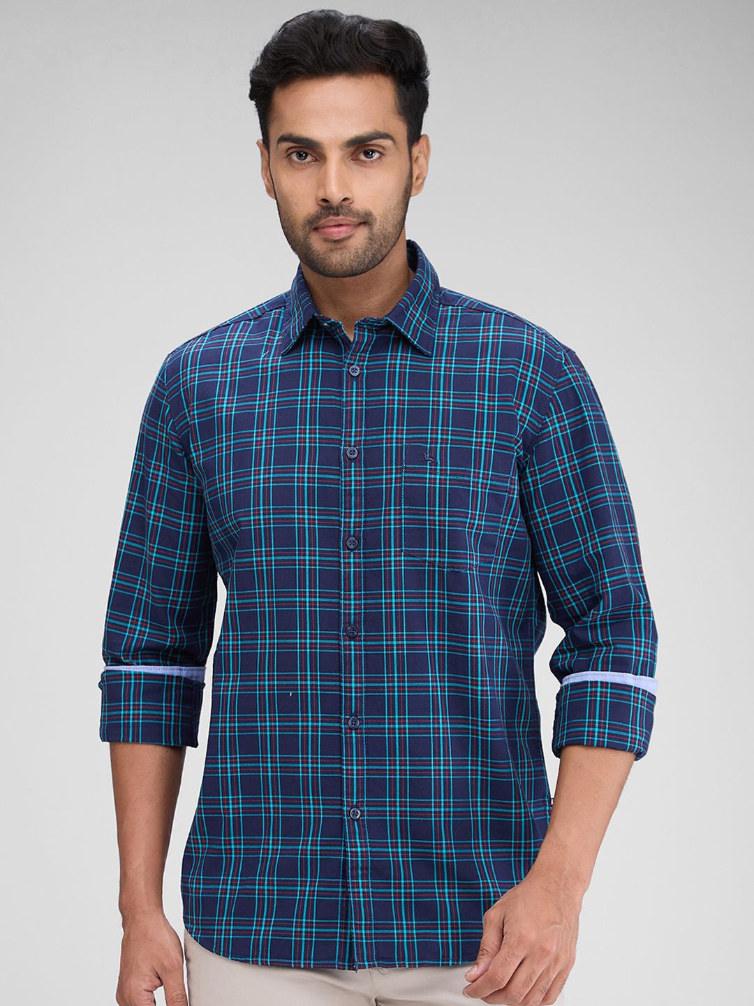 

Parx Men Slim Fit Tartan Checks Opaque Checked Casual Shirt, Blue