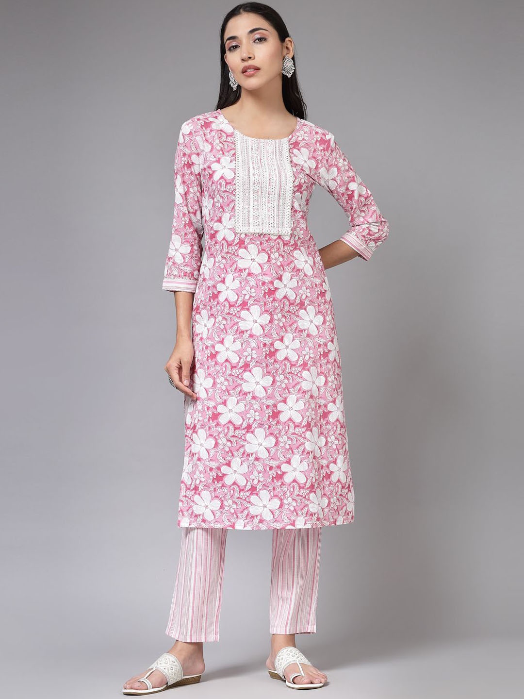 

KALINI Floral Printed Regular Thread Work Pure Cotton Kurta ,Trousers & Dupatta, Pink