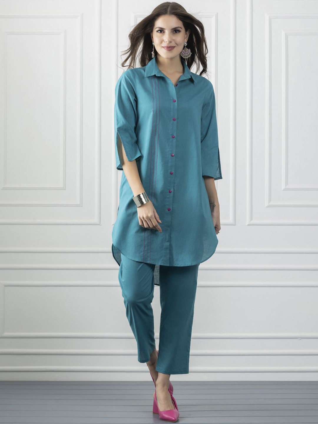 

SHAYE Shirt Collar Three Quarter Slit Sleeves Pure Cotton Tunic, Turquoise blue