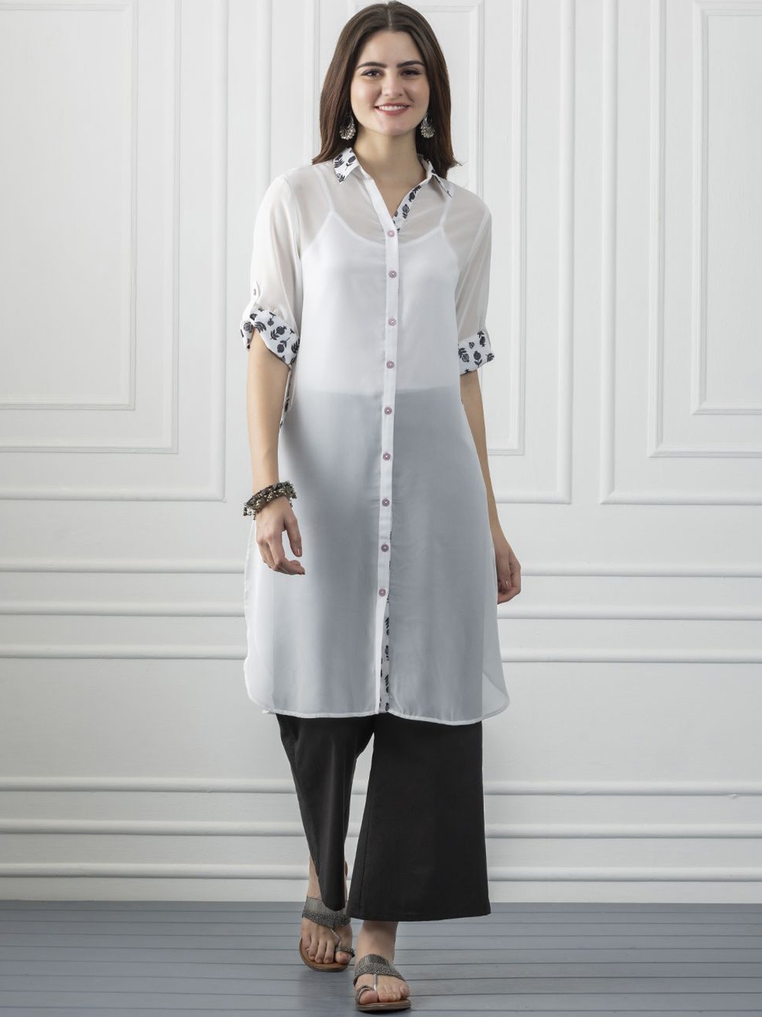 

SHAYE Floral Printed Shirt Collar Semi Sheer A-Line Kurta, White