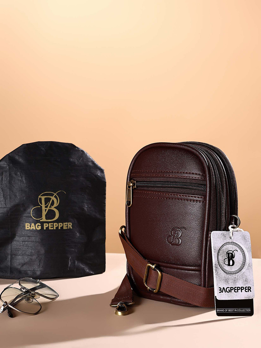 

Bag Pepper Leather Structured Sling Bag with Fringed, Brown