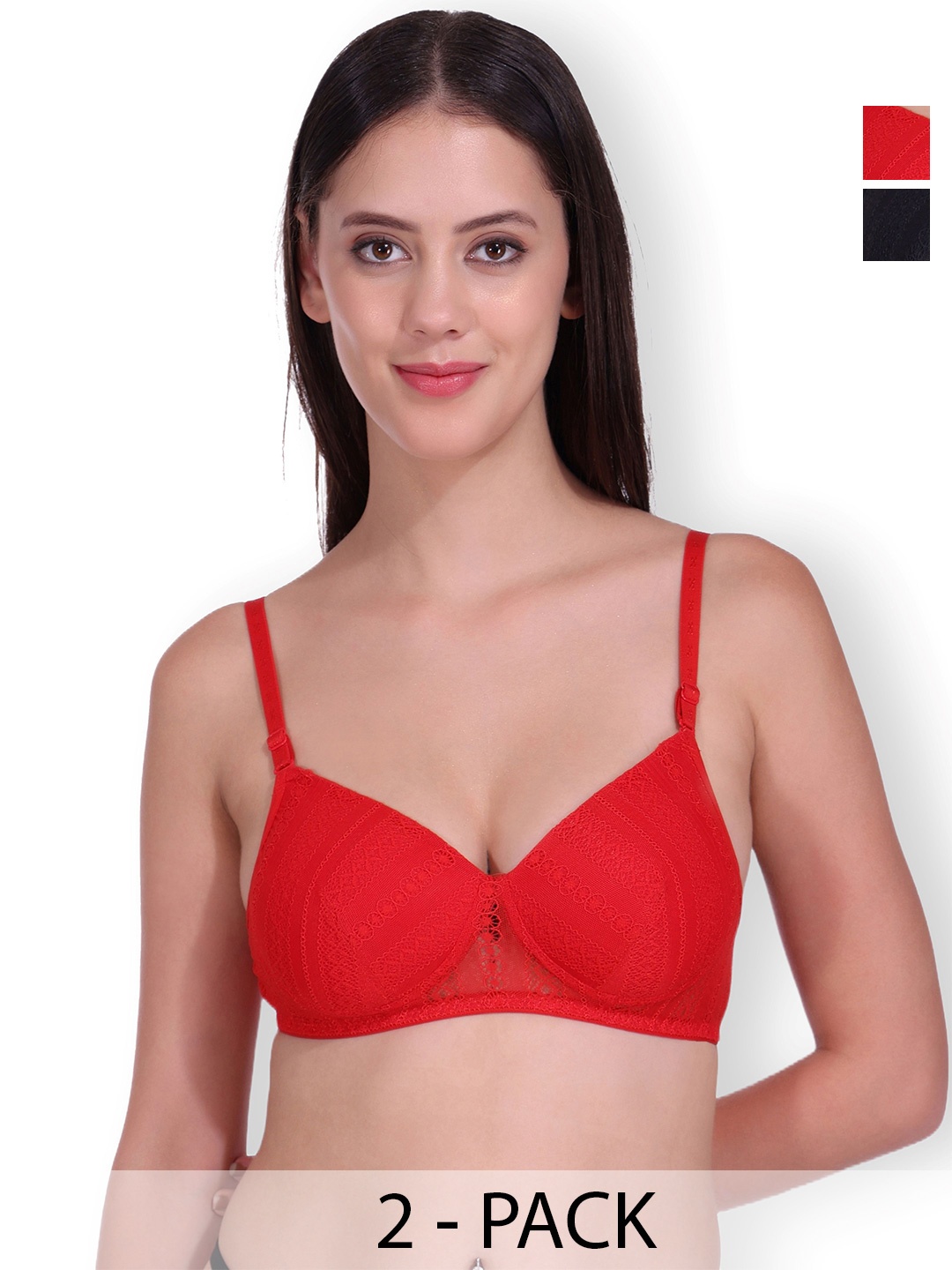 

SELFCARE Pack Of 2 Floral Bra Full Coverage Lightly Padded, Red