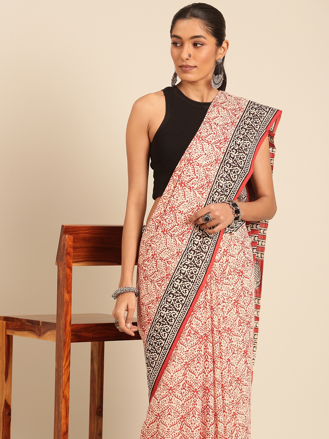 

Taavi Block Printed Pure Cotton Bagru Saree, Cream