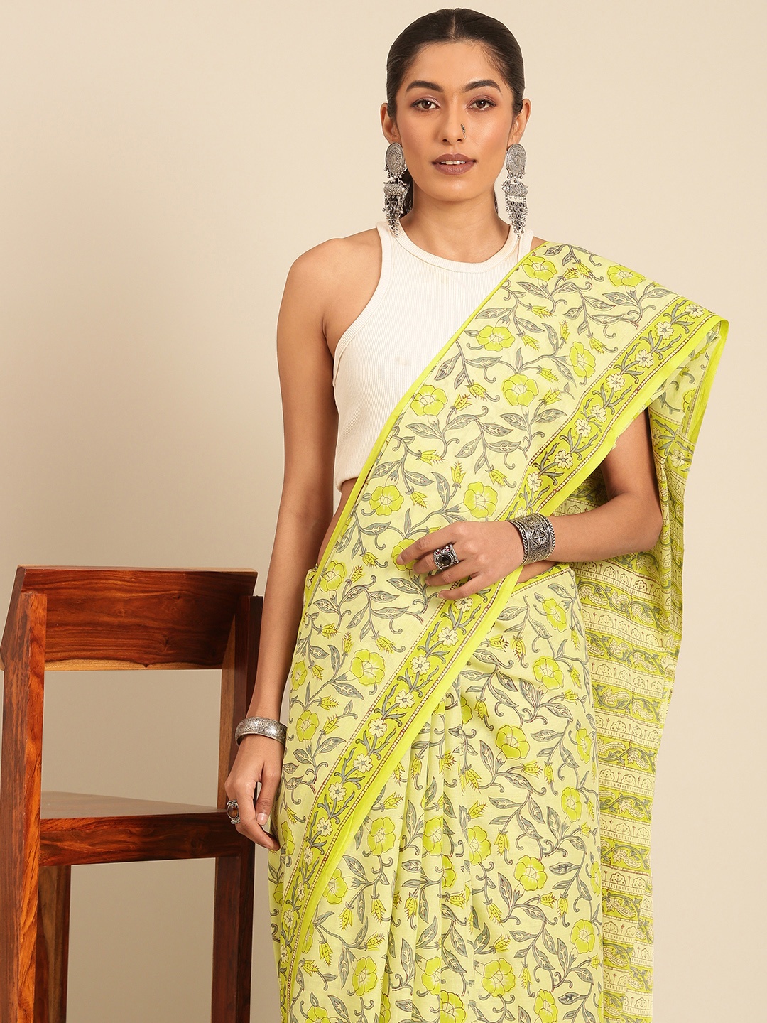 

Taavi Floral Pure Cotton Block Print Saree, Yellow